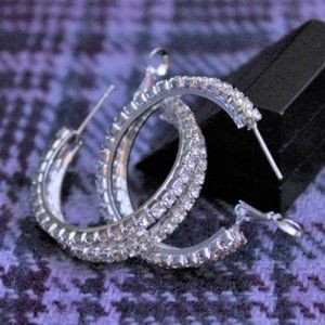 NWT Small Silver Tone Double Rhinestone Hoop Earrings
